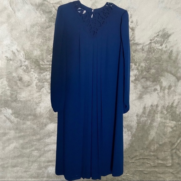 Rich Lady Dresses & Skirts - Vintage Rich Lady Royal Blue Pleated Sheer Long Sleeve Dress XL Neck Detail